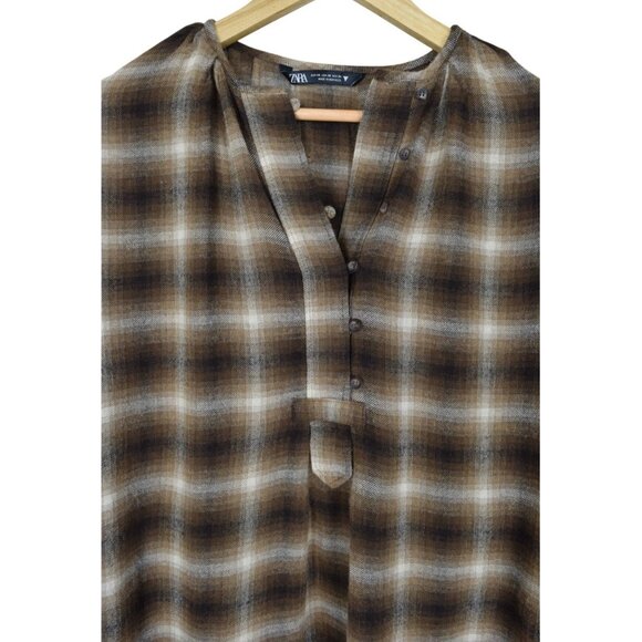 ZARA WOOL BROWN PLAID LONG SLEEVE 1/2 BUTTON UP TOP - Picture 4 of 8